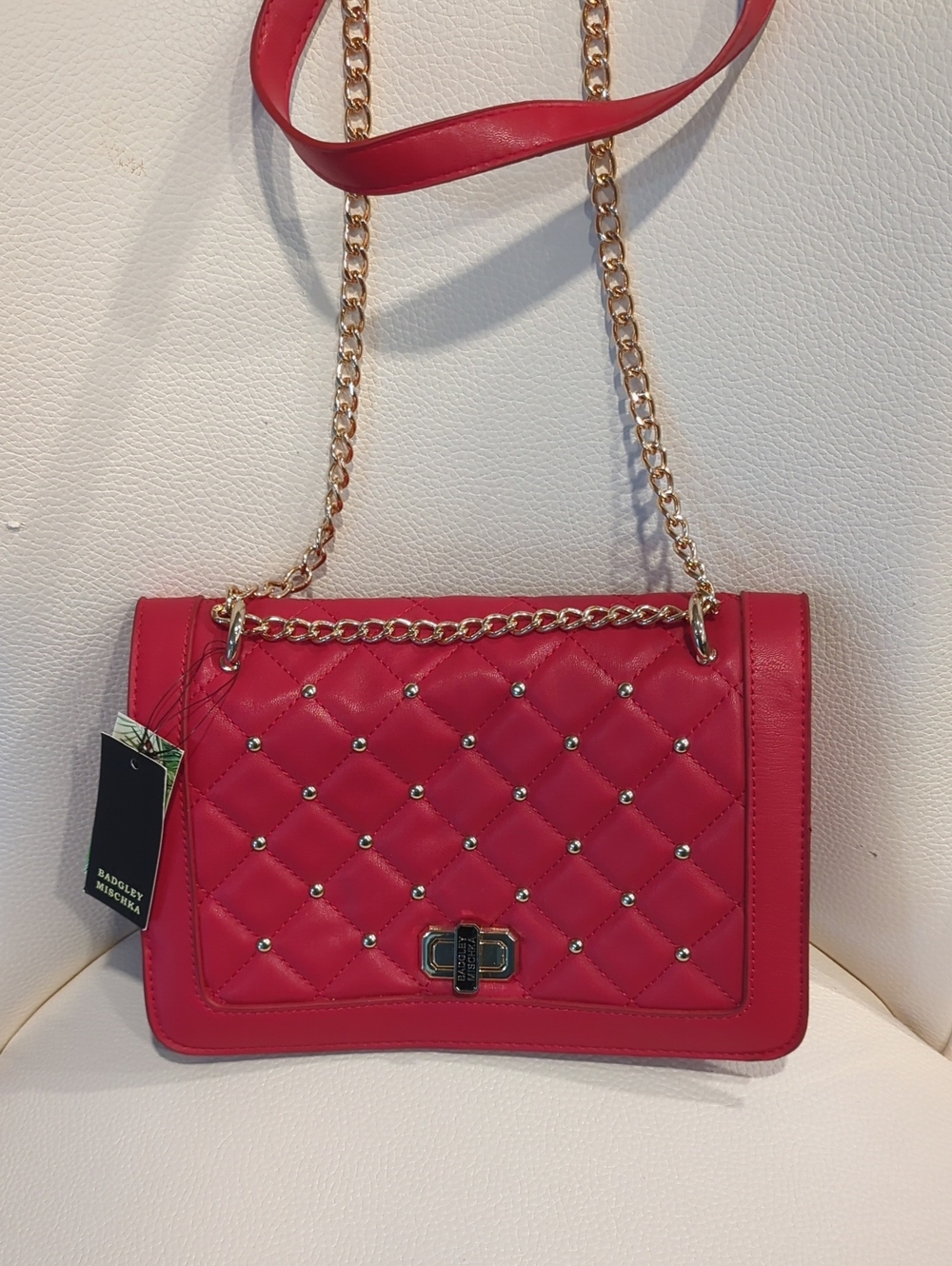 Badgley Mischka Quilted Red Chain-Shoulder/Crossbody Bag with Studs